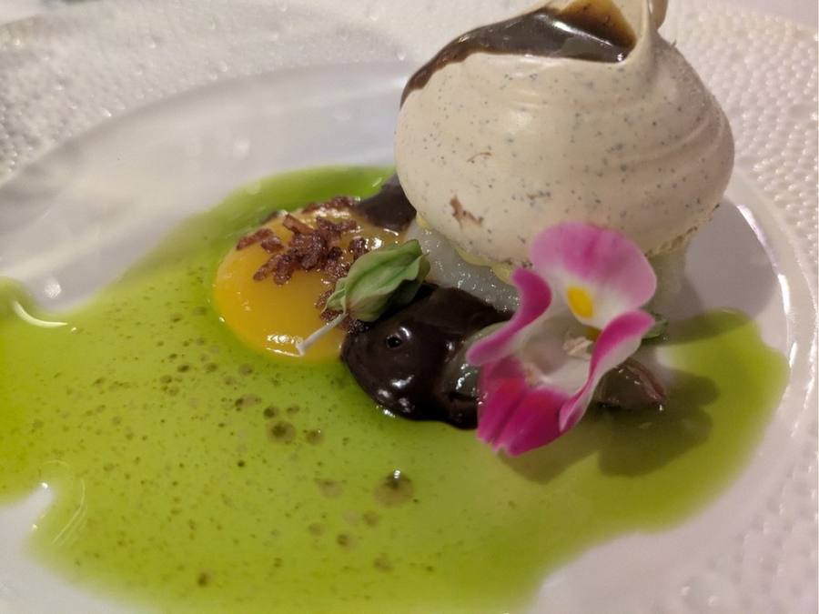 Cacao Mango Rice: a quenelle of ice cream with chocolate, mango and an edible flower in green sauce.