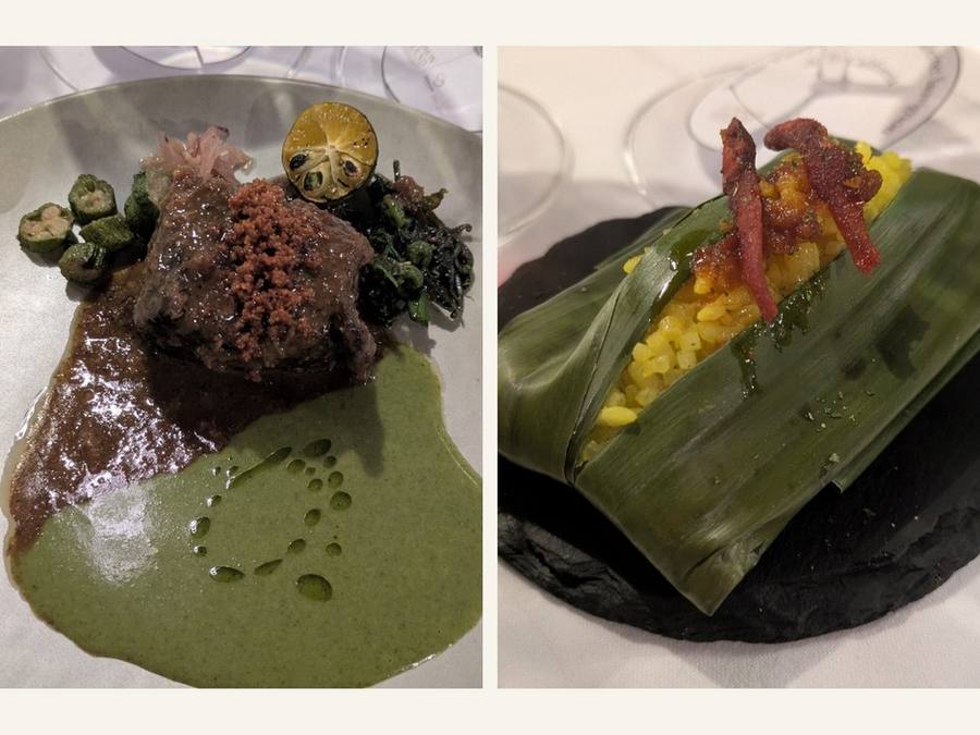 Short Rib Rendang plated over green veloute, beside a banana-leaf parcel of rice.