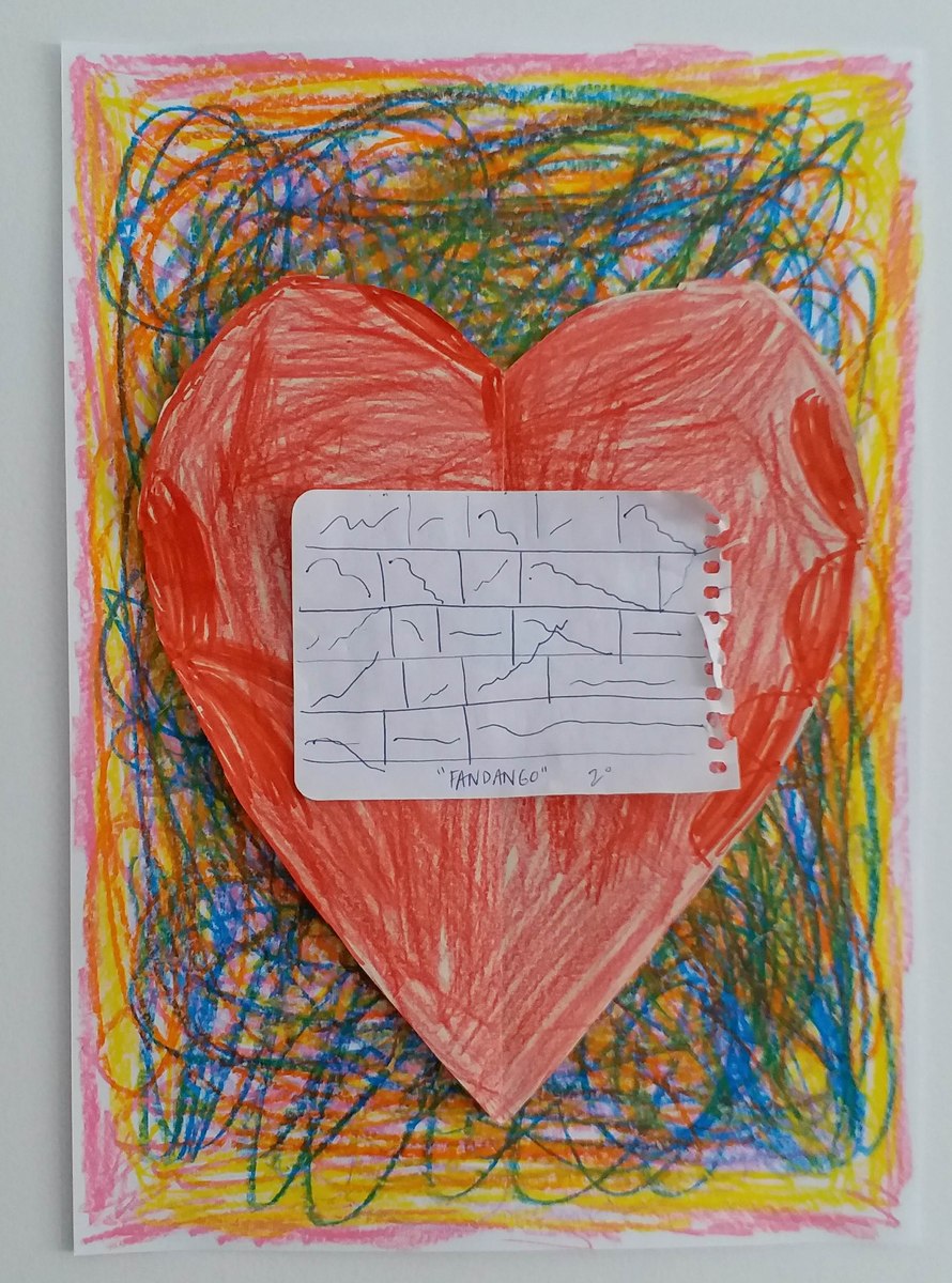 An early mixed-media piece: a hand-drawn red heart over a scribbled color field, with a torn notebook page of rhythm notation labeled 'Fandango' taped across it.