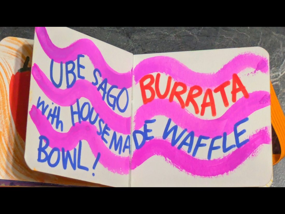 A hand-drawn red chili pepper and a jar pouring orange chili oil, with the caption 'and a mano's Chili oil!!!'