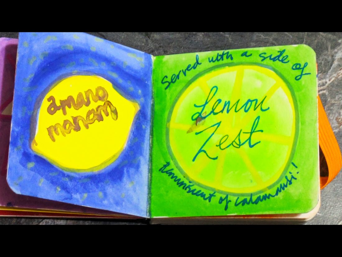 A watercolor lemon labeled 'amano manam' beside a lime slice labeled 'Lemon Zest, served with a side of, reminiscent of calamansi.'