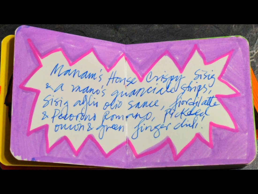 A handwritten starburst-bordered page listing the ingredients of Manam's House Crispy Sisig and a mano's guanciale strips.