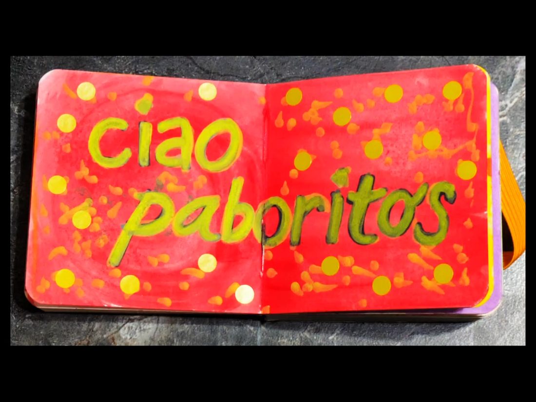 A hand-drawn illustration of a sliced Crispy Sisig Pizza in marker, on a yellow page.