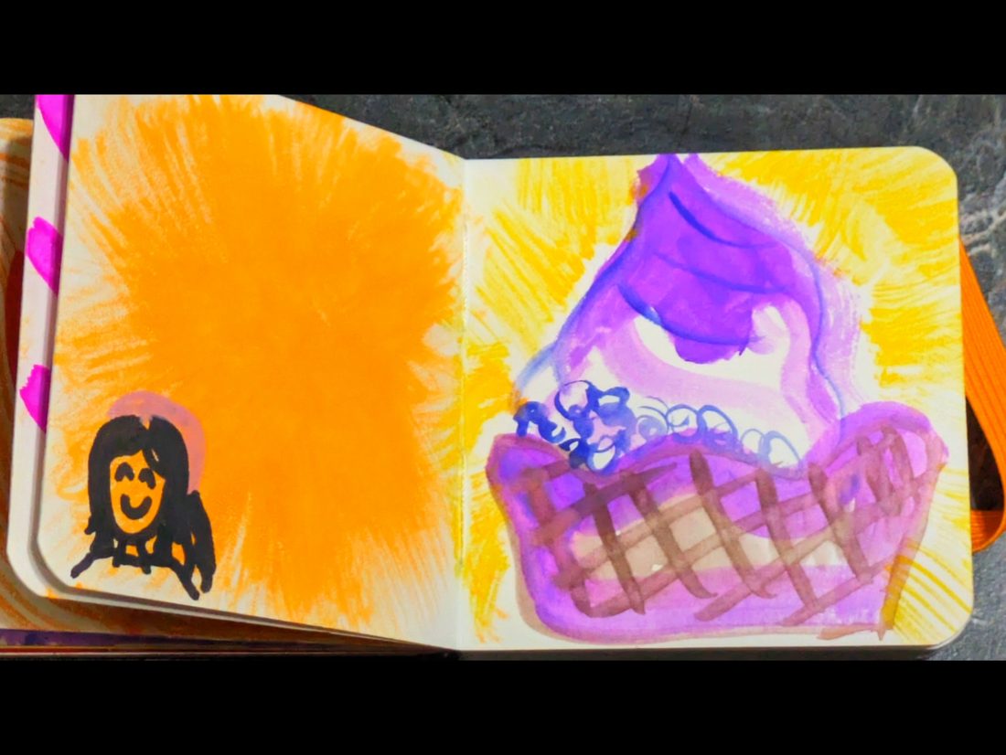 A watercolor illustration of purple ube soft serve in a waffle basket, beside a small drawing of a smiling girl, on an orange background.