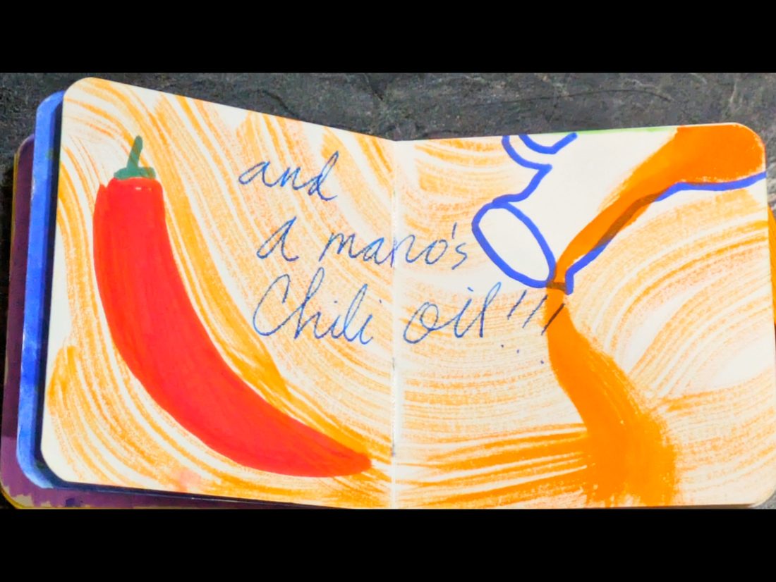 A page reading 'Ube Sago with housemade waffle bowl!' and 'Burrata de waffle' in pink and blue marker over a wave pattern.