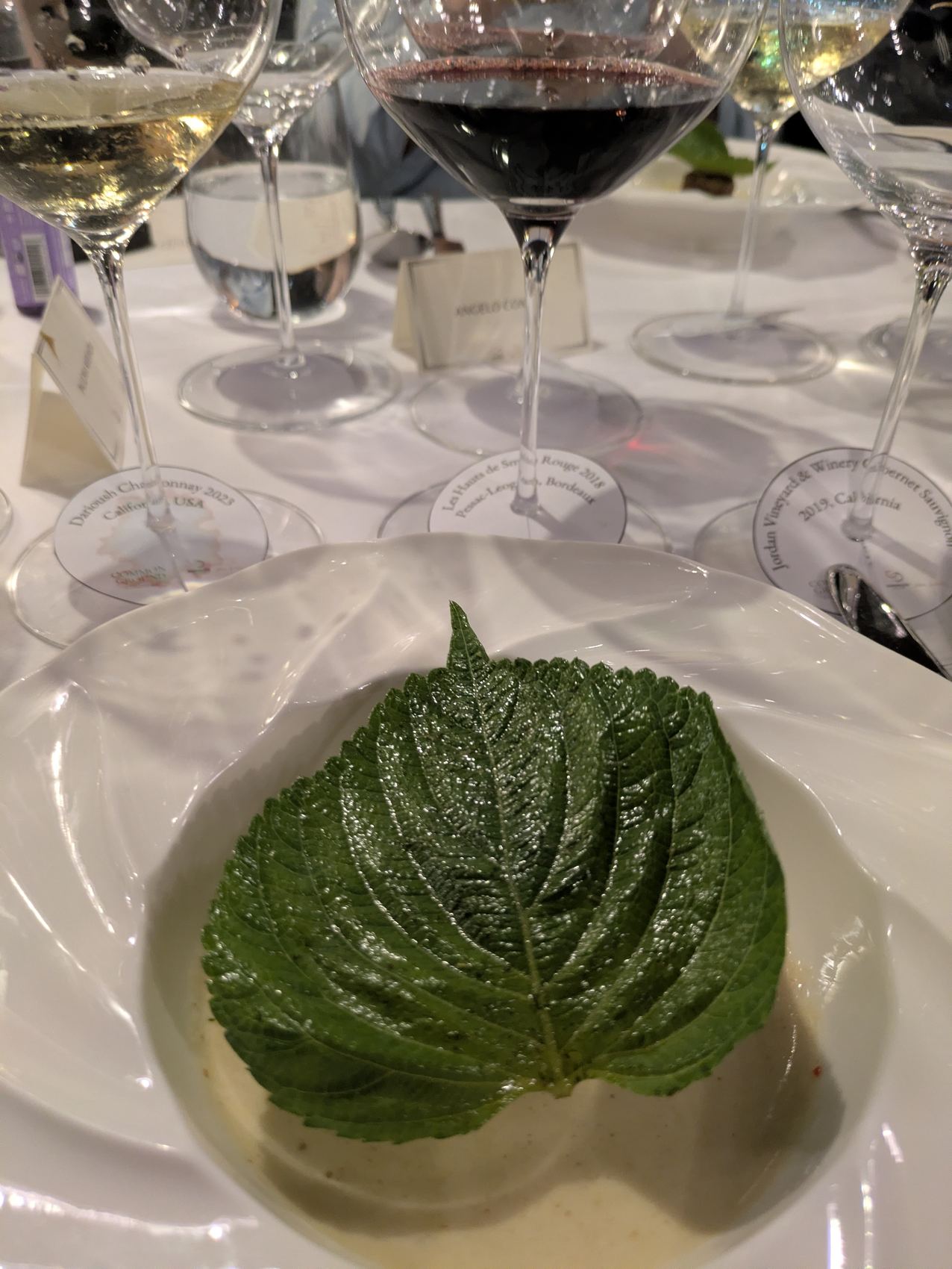 A single leaf on a white plate, wine glasses and tasting cards behind it.