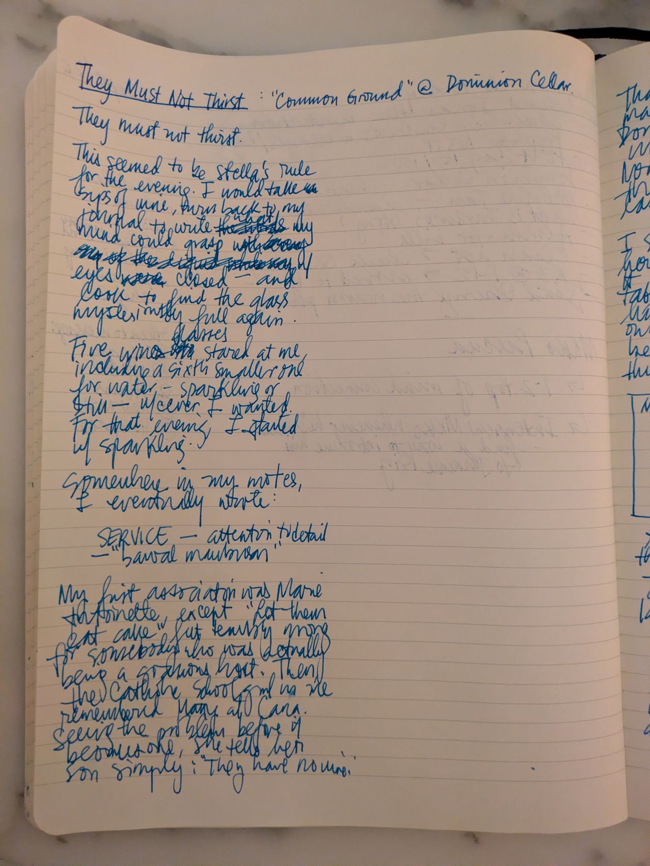 A handwritten notebook page headed They Must Not Thirst, with crossings-out.