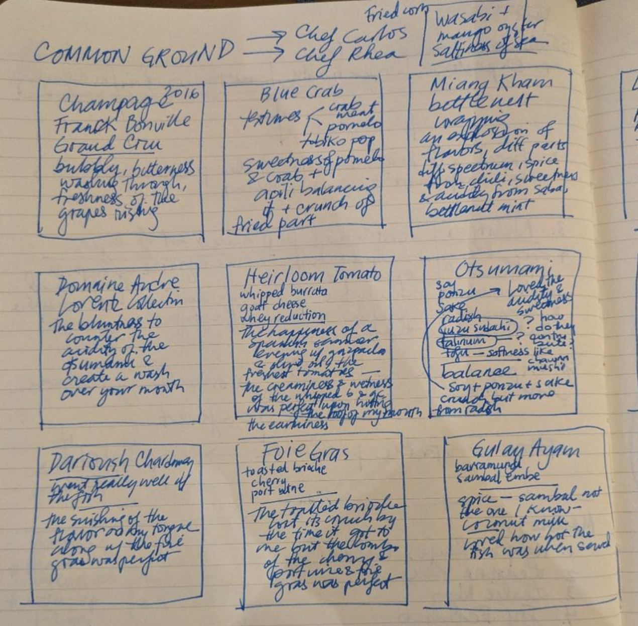 A notebook page of hand-drawn squares: wines down the left, Chef Carlos and Chef Rhea in columns.